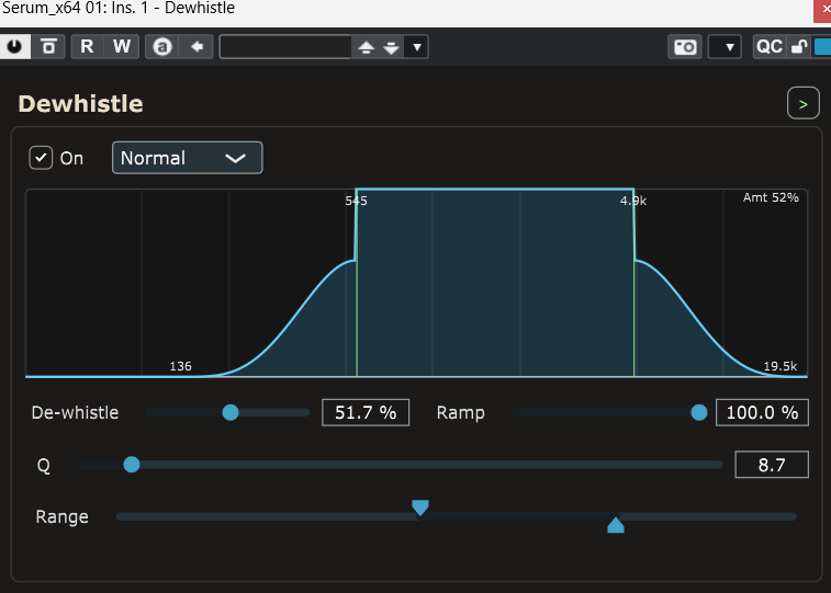 Dewhistle plugin UI showing live spectrum, Range, Ramp, Amount and Q controls