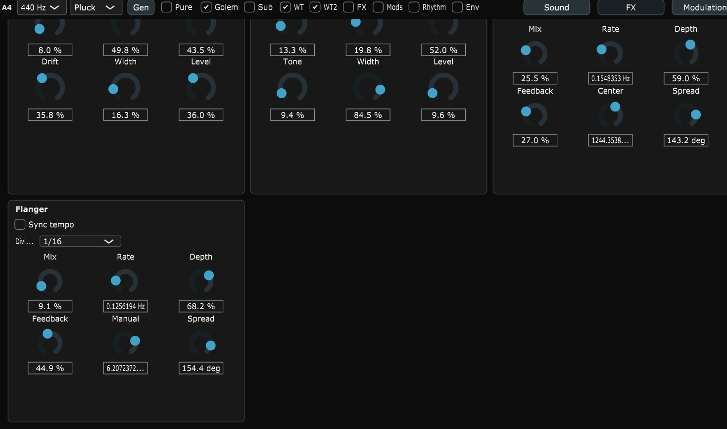 SynthMachine flanger and phaser controls
